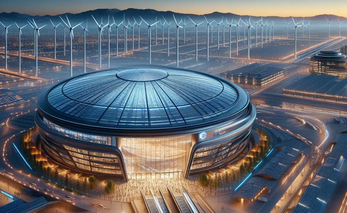 Así se verá la Arena Potosí y sus alrededores en 2050, según la IA. Foto: Bing.com