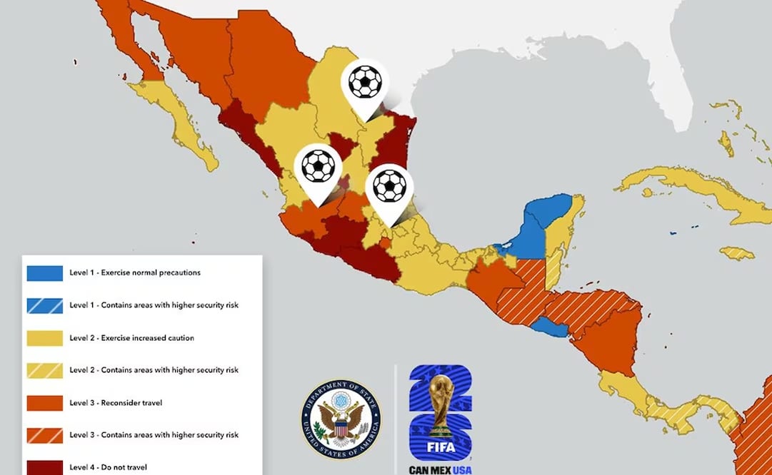 Mapa de México con cuatro niveles de alerta de viaje, emitida por la Embajada de Estados Unidos en el país. Imagen: X @USEmbassyMEX