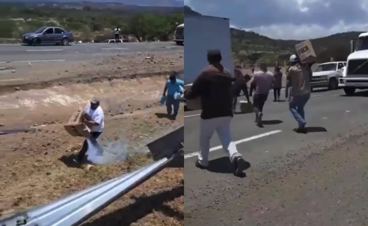 VIDEO: Rapiña de jabón se hace presente en Carretera 57 de SLP tras choque de tráiler
