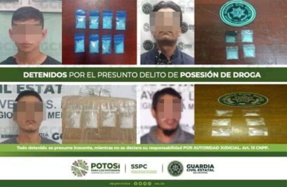 Guardia Civil de SLP detiene a 8 sujetos y asegura diversas dosis de droga y hasta plantas de marihuana