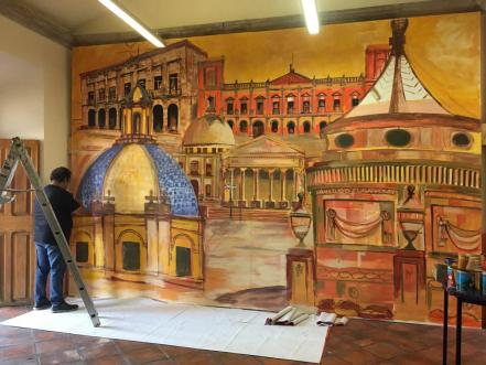 Con mural en el palacio municipal de SLP, el artista Miguel Meléndez rinde homenaje a edificios del Centro Histórico