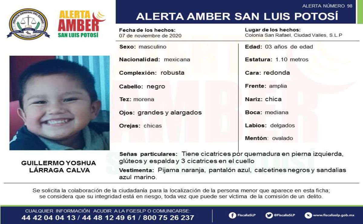 Activan Alerta Amber para localizar a Guillermo Yoshua de 3 años de edad en SLP