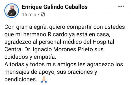 Sale del hospital Ricardo Galindo, director del C5, quien permaneció internado desde enero por Covid