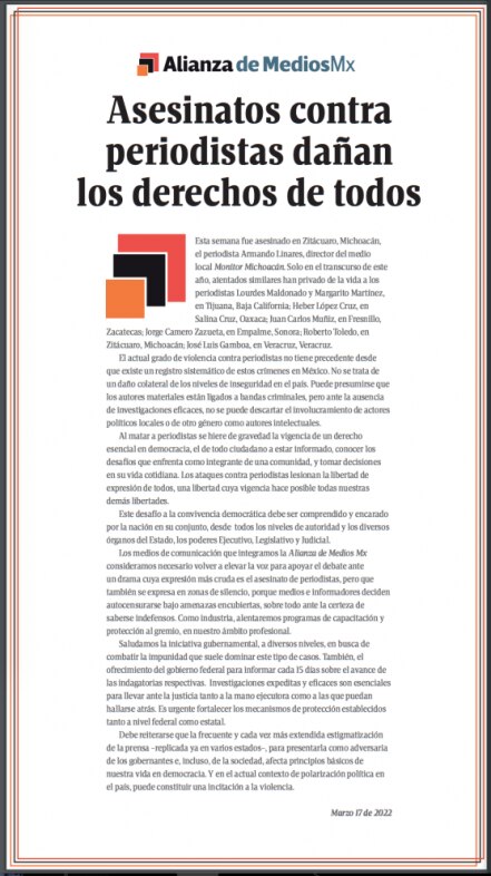 Alianza de Medios alza la voz ante periodistas asesinados