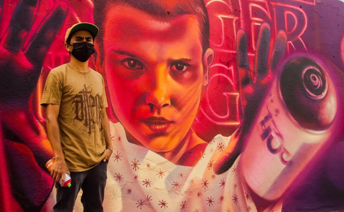 Artista urbano potosino se suma a la fiebre de Stranger Things. Fotos: Nolo Leija