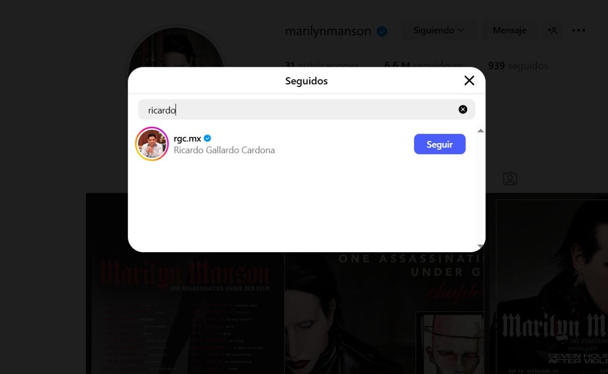 Marilyn Manson sigue en Instagram al gobernador de SLP. Foto: Captura de pantalla de Instagram
