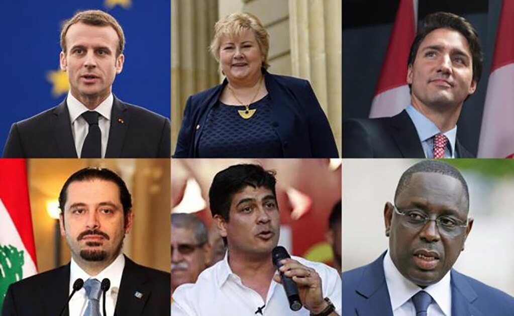 Emmanuel Macron (Francia), Erna Solberg (Noruega), Justin Trudeau (Canadá), Saad Hariri (Líbano), Carlos Alvarado (Costa Rica) y Macky Sall (Senegal). FOTOS: Agencias