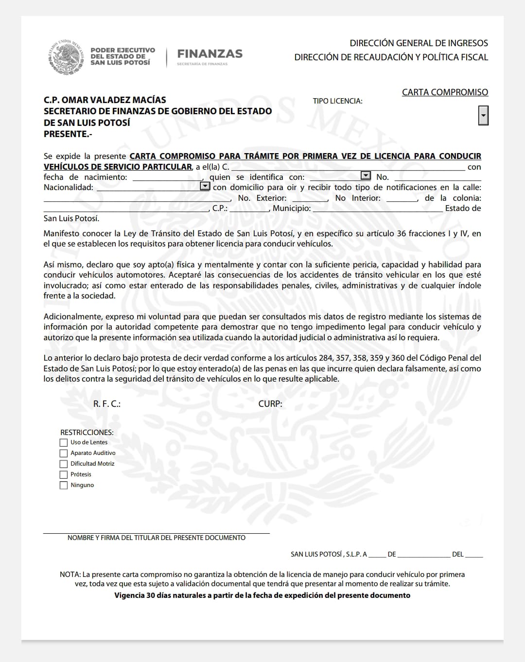 Esta carta compromiso puede ser descargada en el sitio web de la Secretaría de Finanzas. Foto: Especial