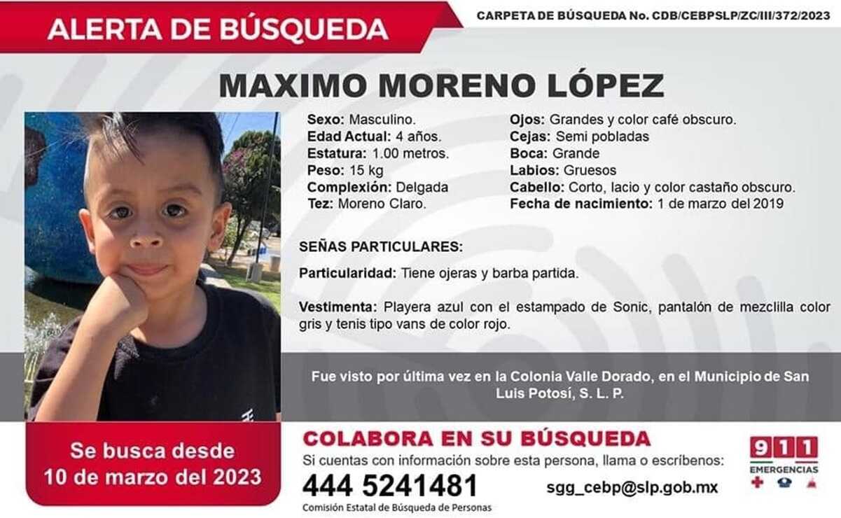 Continúa búsqueda de Máximo Moreno, niño sustraído por su padre de forma violenta en SLP. Foto: Especial