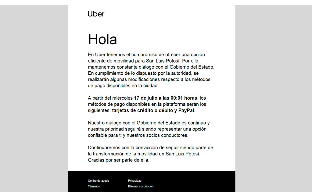 Uber dejará de cobrar en efectivo en SLP