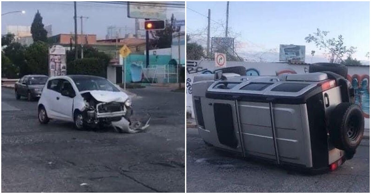 Auto Spark se impacta contra una Hummer en capital de SLP; camioneta queda volcada