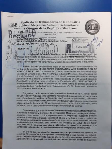 Trabajadores de “Challenger Fabrication” advierten sobre posible huelga en SLP