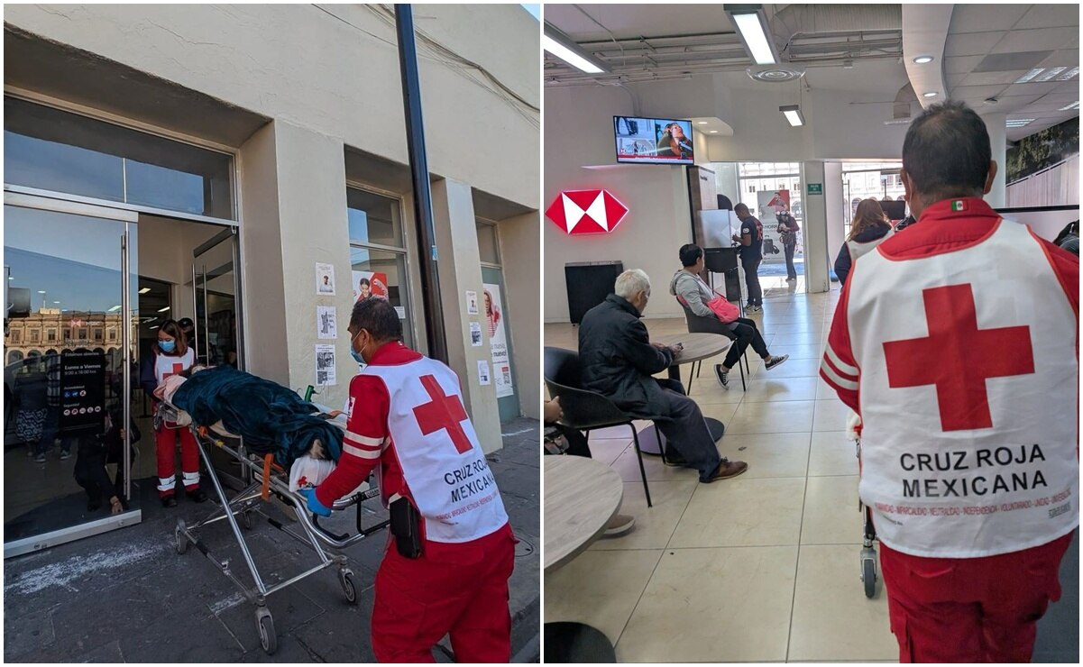 Adulta mayor llega en camilla a banco HSBC en SLP ante mala atención. Fotos: Cortesía