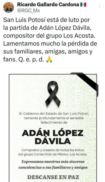 Muere Adán López Dávila, compositor de Los Acosta; Gallardo lamenta su pérdida
