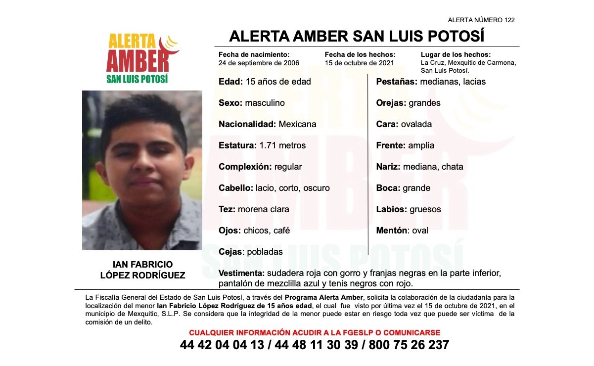 Activan Alerta Amber para localizar a Ian Fabricio, de 15 años, en Mexquitic, SLP