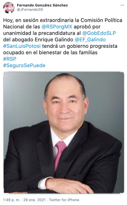 Anuncian que Enrique Galindo será precandidato a gubernatura de SLP por RSP