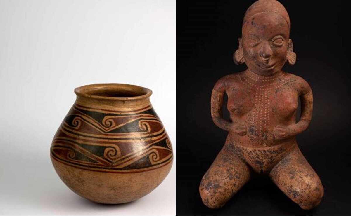 Vasija de la región norte de México y Mujer desnuda con deformación craneana, orejeras y pintura corporal de la región occidente de México. Fotos: museofranciscocossio.org