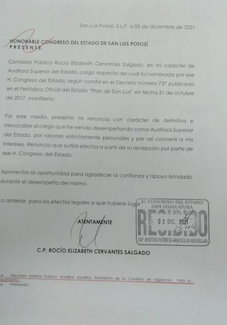 Renuncia Rocío Cervantes al cargo como titular de la Auditoría Superior de SLP