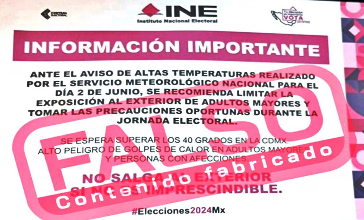El Instituto Nacional Electoral (INE) desmintió la información de un supuesto panfleto donde se recomienda a la ciudadanía no salir a votar debido a las altas temperaturas. Foto: especial