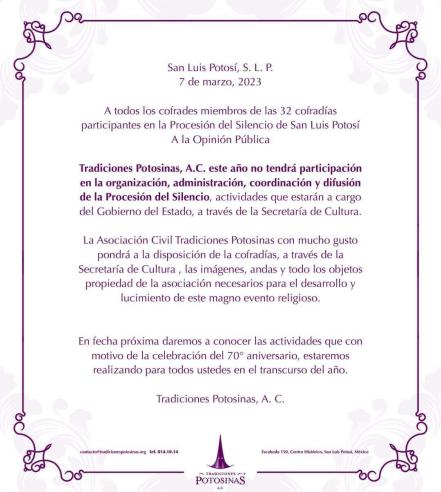Retiran concesión a Tradiciones Potosinas para organizar la Procesión del Silencio 2023