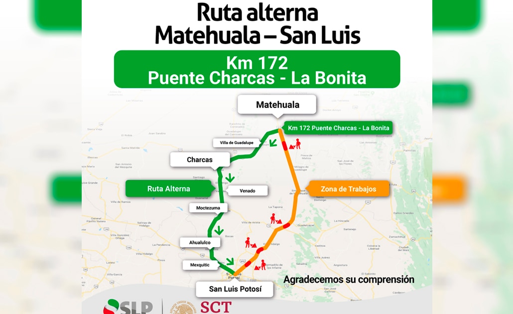Por rehabilitación en carretera SLP-Matehuala piden usar vías alternas
