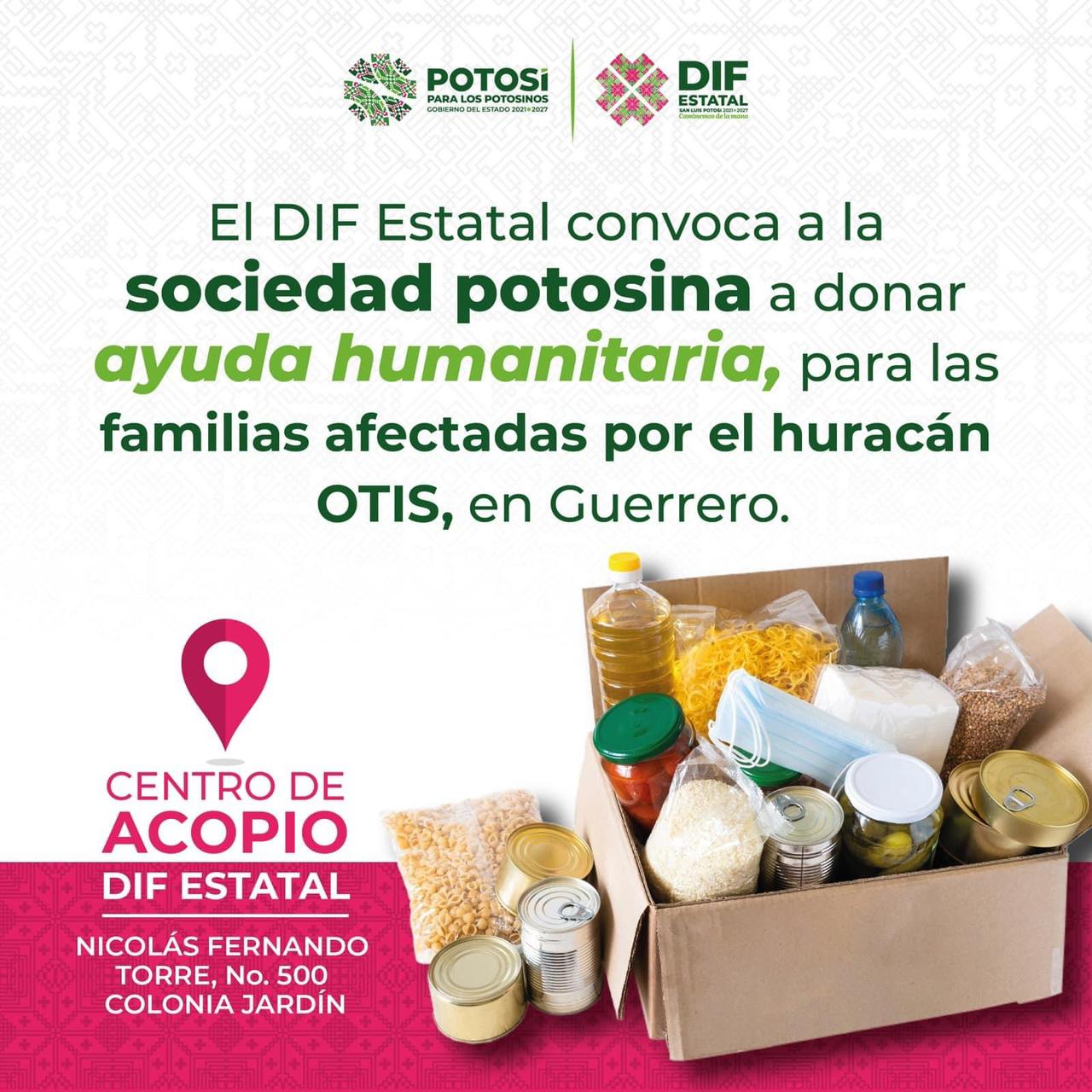 Convocan en SLP a acopio para afectados por el huracán Otis en Acapulco