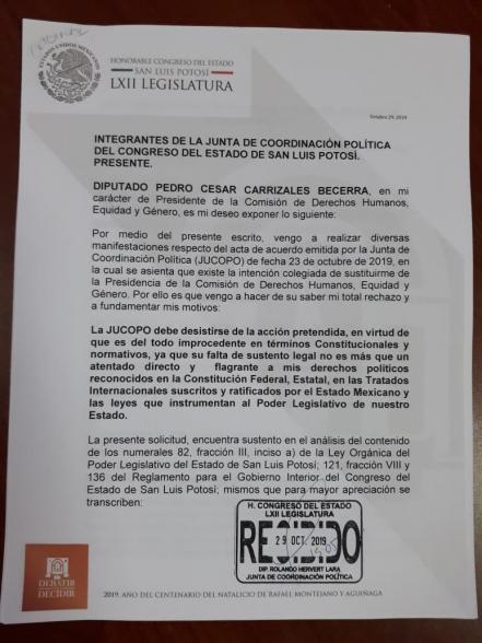 “El Mijis” pide que JUCOPO desista su destitución como presidente de Comisión de DDHH
