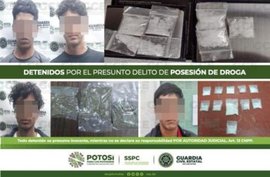 Guardia Civil de SLP detiene a 8 sujetos y asegura diversas dosis de droga y hasta plantas de marihuana