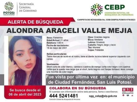 Un mes sin rastro de Alondra Araceli, joven desaparecida en Ciudad Fernández, SLP