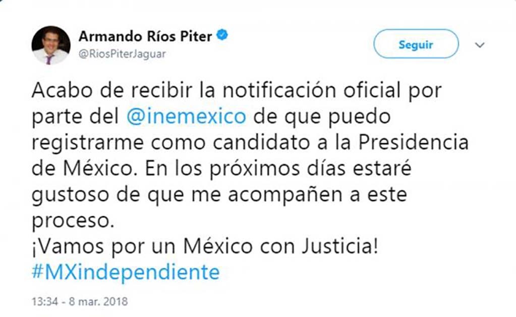 Mensaje de Armando Ríos Piter en Twitter. /Especial