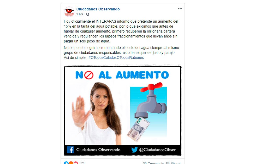 Pide Ciudadanos Observando a Interapas cobrar a morosos antes de aumentar la tarifa