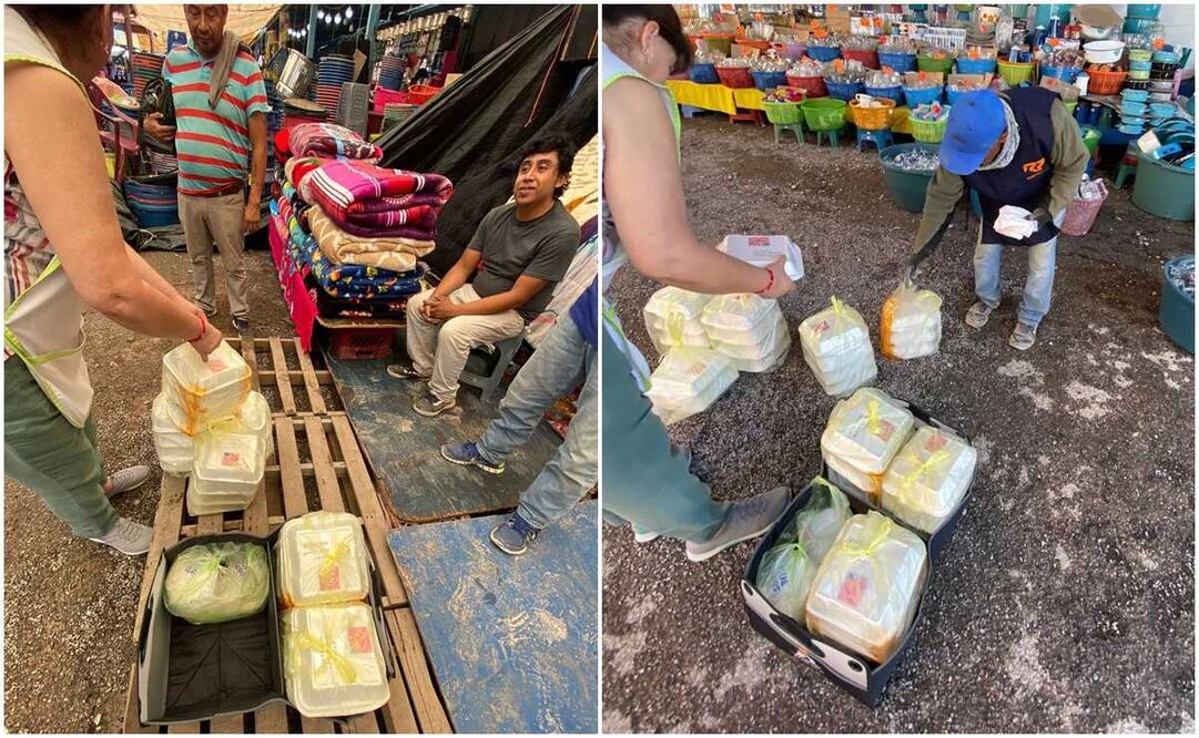 ¡Esto es solidaridad! Potosinas altruistas regalan comida a comerciantes de la Fenapo afectados por las lluvias. Fotos: Especiales