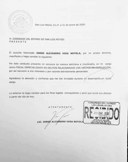 Presenta Jorge Vera su renuncia a Fiscalía Anticorrupción