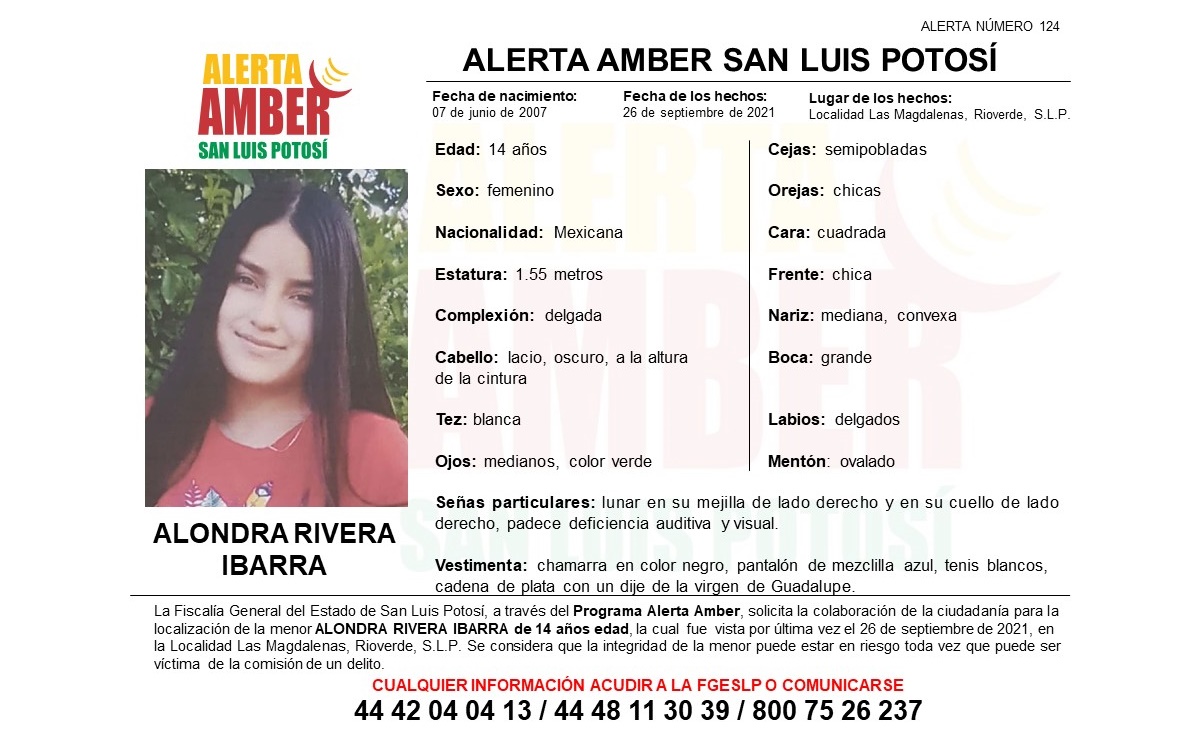 Activan Alerta Amber para hallar a Alondra, de 14 años, vista por última vez en Rioverde