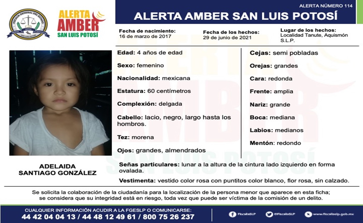 Activan Alerta Amber para localizar a niña de cuatro años en Aquismón