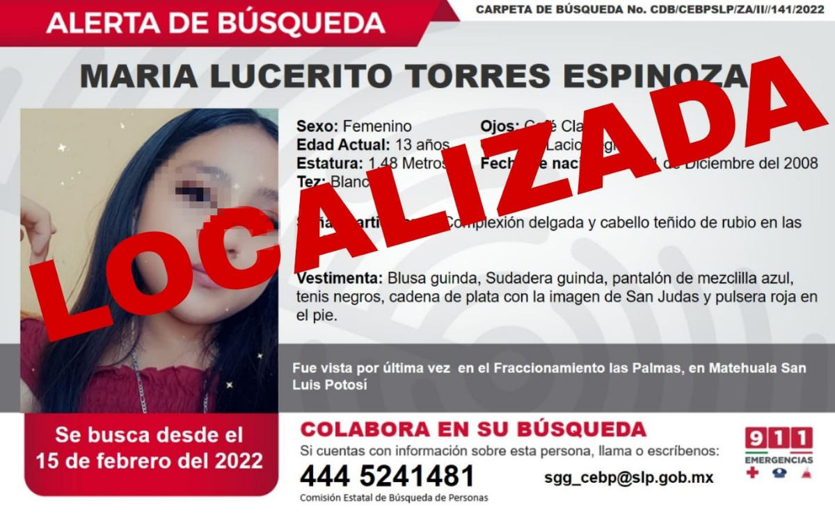Localizan a menor de edad reportada como desaparecida en Matehuala 