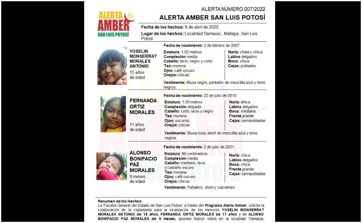 Activan Alerta Amber para localizar tres menores reportados como desaparecidos en municipio de SLP