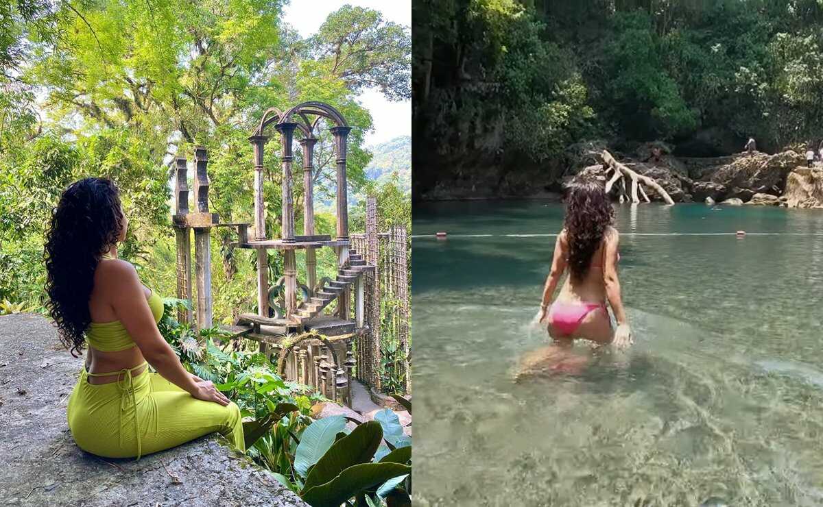 Brenda Catalán disfruta en bikini atractivos de la Huasteca potosina